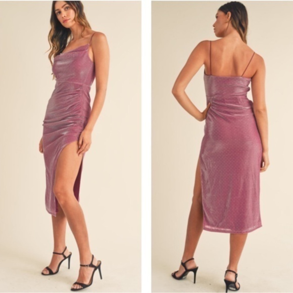 Mable‎ Clothing Isa Purple Sequin Cowl Neck Draped Midi Dress Front Slit